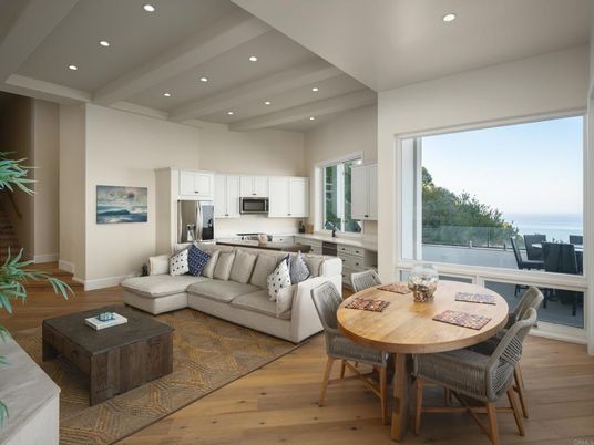 Dining room, Interior, Kitchen, Living room, Recessed Lighting, Stainless Steel Appliances, Water, Wood Texture Flooring