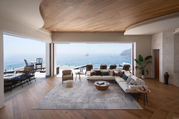 Interior, Living room, Recessed Lighting, Water, Wooden Ceilings, Wood Texture Flooring