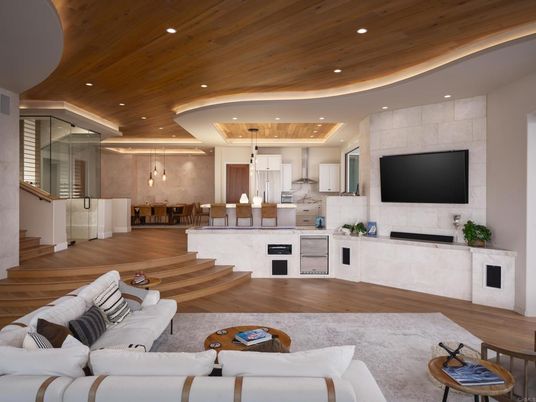 Interior, Kitchen, Living room, Pendant Lights, Recessed Lighting, Stone Walls, Wooden Ceilings, Wood Texture Flooring