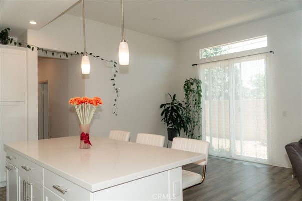 Dining room, Interior, Pendant Lights, Recessed Lighting, Wood Texture Flooring