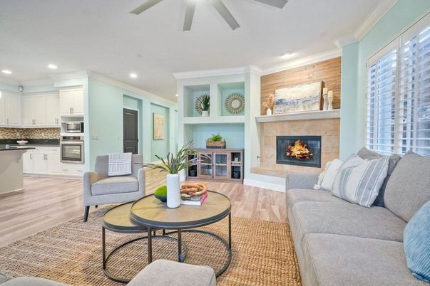 Fireplace, Interior, Kitchen, Living room, Recessed Lighting, Stainless Steel Appliances, Wood Texture Flooring