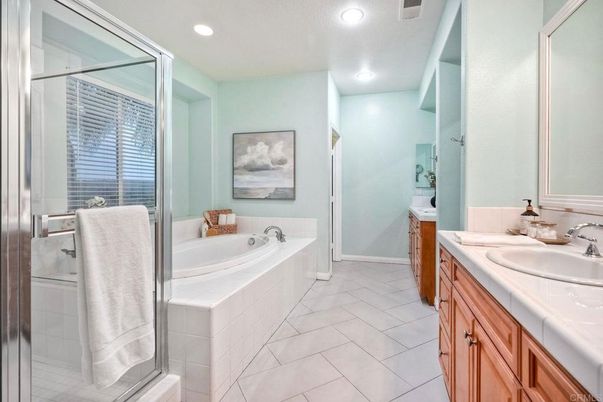 Bathroom, Dual Sink Vanities, Glass Shower, Interior, Recessed Lighting, Tile Countertops