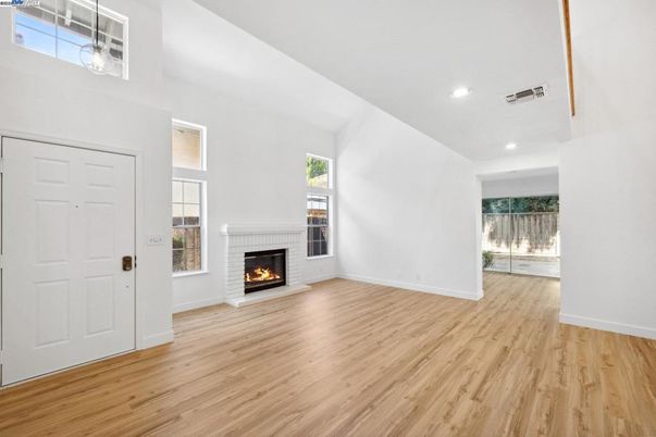 Empty room, Fireplace, Interior, Recessed Lighting, Wood Texture Flooring