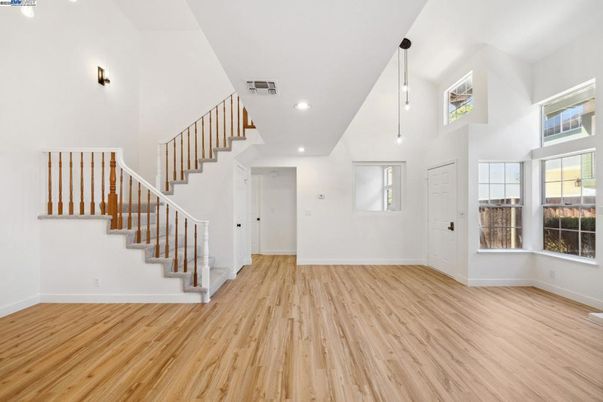 Empty room, Interior, Pendant Lights, Recessed Lighting, Wood Texture Flooring