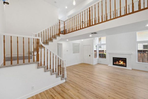 Fireplace, Interior, Recessed Lighting, Wood Texture Flooring