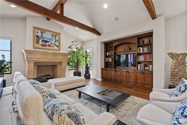 Fireplace, Interior, Living room, Recessed Lighting, Wooden Beams, Wood Texture Flooring