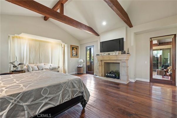 Bedroom, Fireplace, Interior, Recessed Lighting, Wooden Beams, Wood Texture Flooring