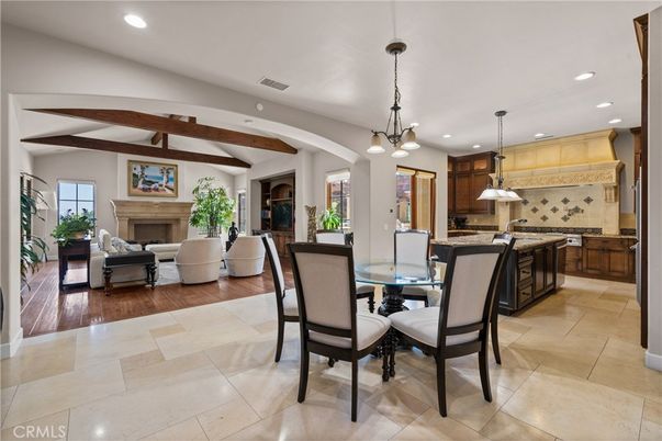 Dining room, Fireplace, Interior, Kitchen, Living room, Pendant Lights, Recessed Lighting, Wooden Beams, Wood Texture Flooring