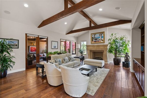 Fireplace, Interior, Living room, Recessed Lighting, Wooden Beams, Wood Texture Flooring