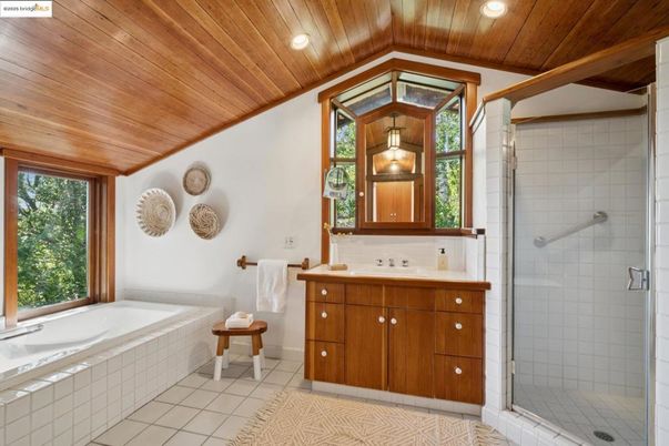 Bathroom, Glass Shower, Interior, Pendant Lights, Recessed Lighting, Wooden Ceilings