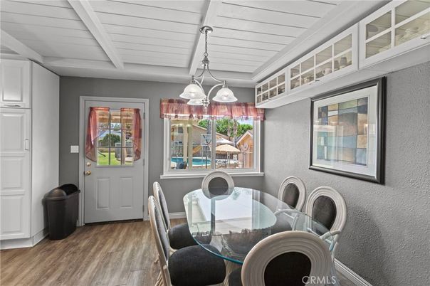 Dining room, Interior, Pendant Lights, Wood Texture Flooring