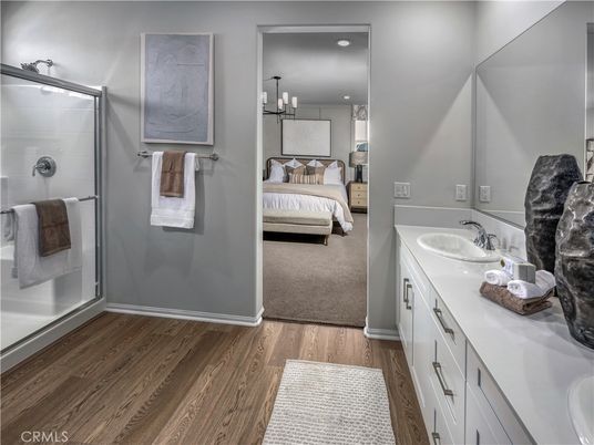 Bathroom, Bedroom, Glass Shower, Interior, Recessed Lighting, Wood Texture Flooring