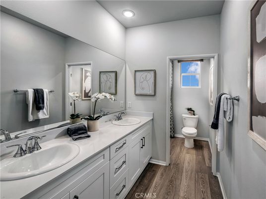 Bathroom, Dual Sink Vanities, Interior, Recessed Lighting, Wood Texture Flooring