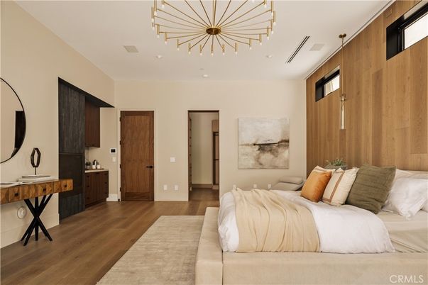 Bedroom, Interior, Pendant Lights, Wood Texture Flooring