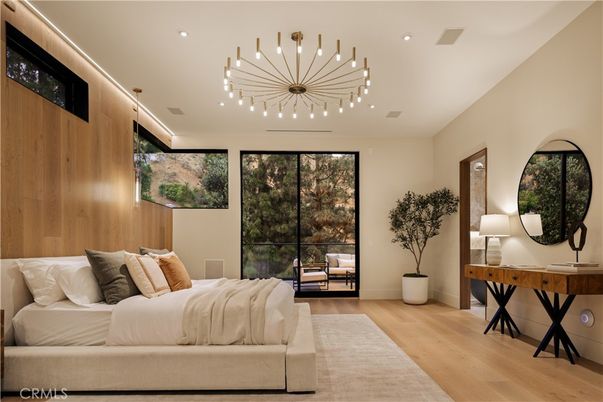 Bedroom, Interior, Pendant Lights, Recessed Lighting, Wood Texture Flooring