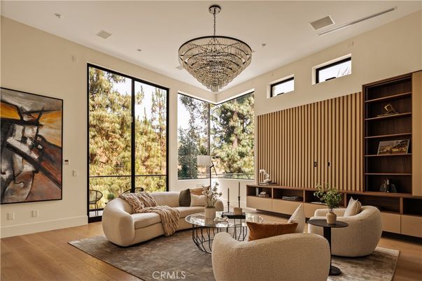 Chandelier, Interior, Living room, Recessed Lighting, Wood Texture Flooring