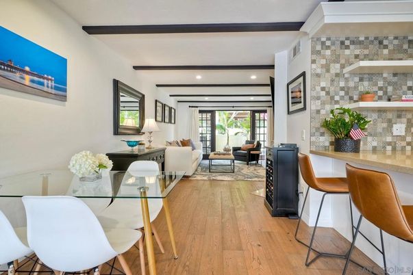 Dining room, Interior, Living room, Recessed Lighting, Stone Walls, Wooden Beams, Wood Texture Flooring