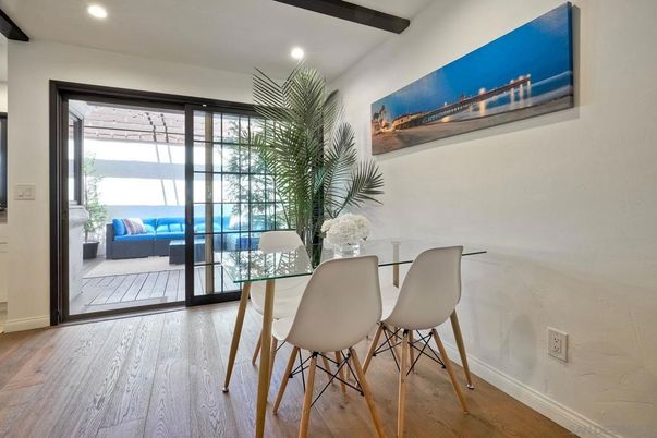 Dining room, Interior, Recessed Lighting, Wooden Beams, Wood Texture Flooring
