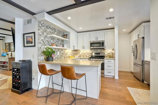 Interior, Kitchen, Recessed Lighting, Stainless Steel Appliances, Wooden Beams, Wood Texture Flooring