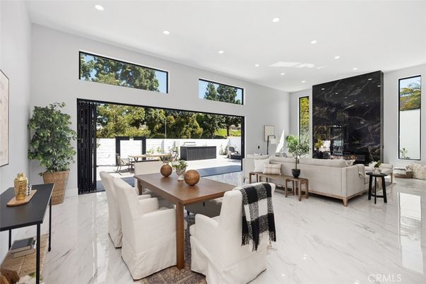 Dining room, Fireplace, Interior, Living room, Marble, Marble Walls, Recessed Lighting