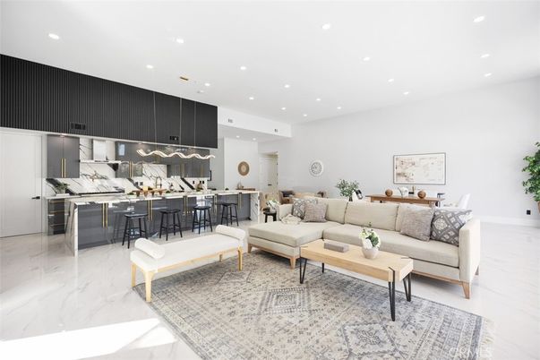 Interior, Kitchen, Living room, Marble, Recessed Lighting, Stainless Steel Appliances