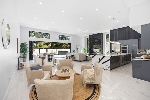 Dining room, Interior, Kitchen, Living room, Marble, Recessed Lighting, Stainless Steel Appliances