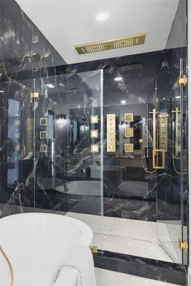 Bathroom, Glass Shower, Interior, Marble Walls, Recessed Lighting