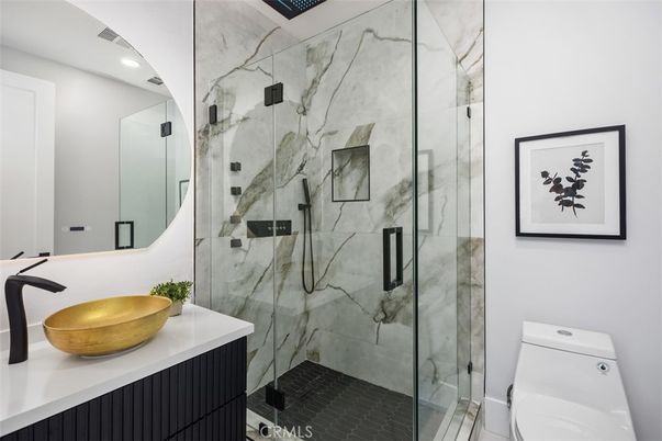 Bathroom, Glass Shower, Interior, Marble Walls, Recessed Lighting