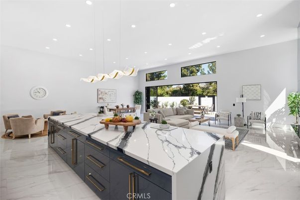 Dining room, Interior, Kitchen, Living room, Marble, Pendant Lights, Recessed Lighting