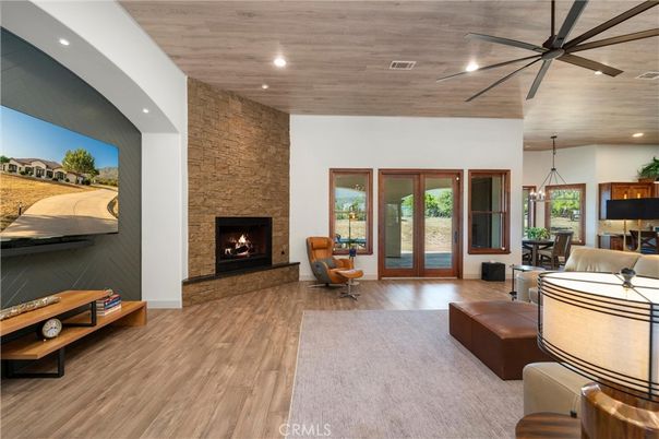 Dining room, Fireplace, Interior, Pendant Lights, Recessed Lighting, Stone Walls, Wooden Ceilings, Wood Texture Flooring