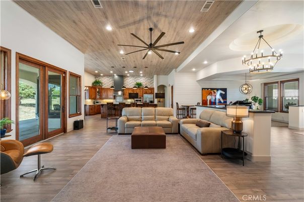 Interior, Kitchen, Living room, Pendant Lights, Recessed Lighting, Stainless Steel Appliances, Wooden Ceilings, Wood Texture Flooring