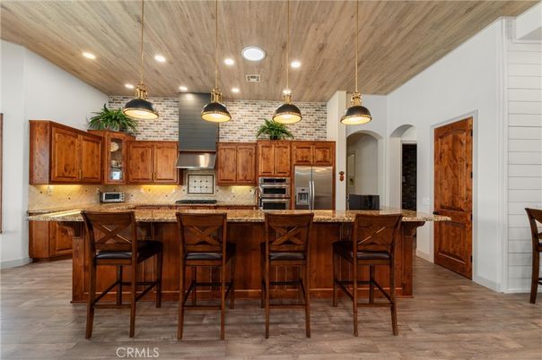 Interior, Kitchen, Pendant Lights, Recessed Lighting, Stainless Steel Appliances, Wooden Ceilings, Wood Texture Flooring