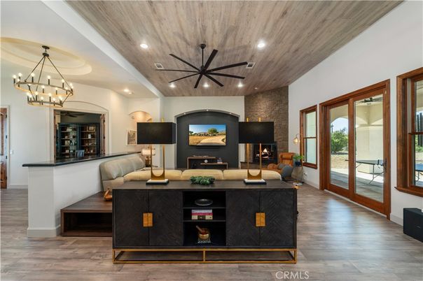 Fireplace, Interior, Living room, Pendant Lights, Recessed Lighting, Wooden Ceilings, Wood Texture Flooring