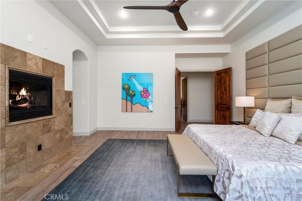 Bedroom, Fireplace, Interior, Recessed Lighting, Wood Texture Flooring
