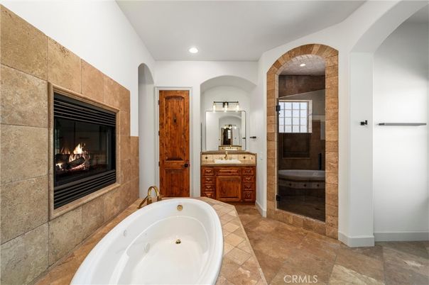 Bathroom, Dual Sink Vanities, Fireplace, Interior, Recessed Lighting