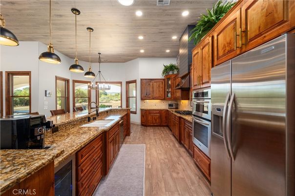 Interior, Kitchen, Pendant Lights, Recessed Lighting, Stainless Steel Appliances, Wooden Ceilings, Wood Texture Flooring
