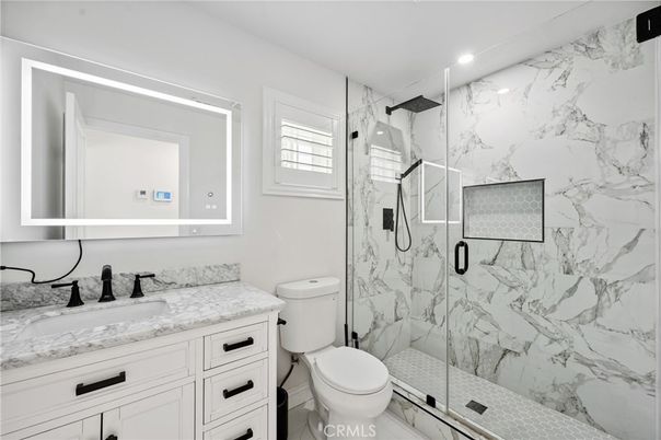 Bathroom, Glass Shower, Interior, Marble Walls, Recessed Lighting