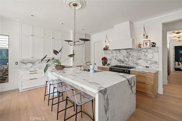 Interior, Kitchen, Marble Walls, Pendant Lights, Recessed Lighting, Wood Texture Flooring