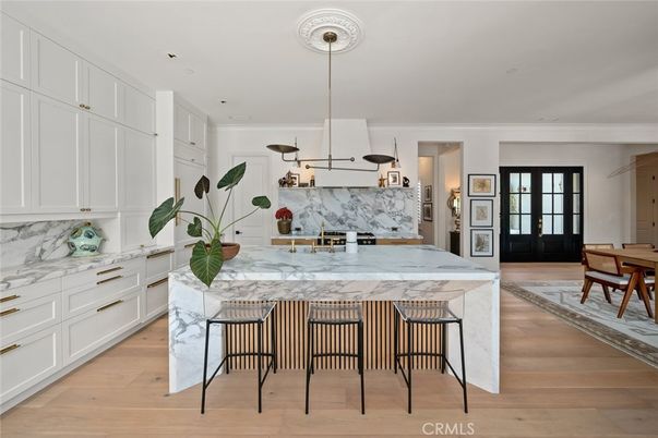 Interior, Kitchen, Marble Walls, Pendant Lights, Recessed Lighting, Wood Texture Flooring