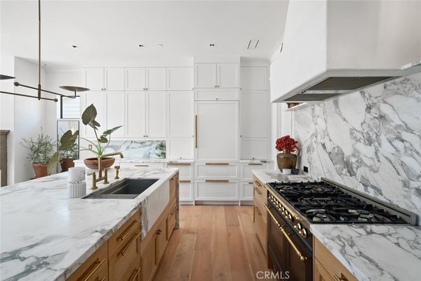Interior, Kitchen, Marble Walls, Pendant Lights, Recessed Lighting, Wood Texture Flooring