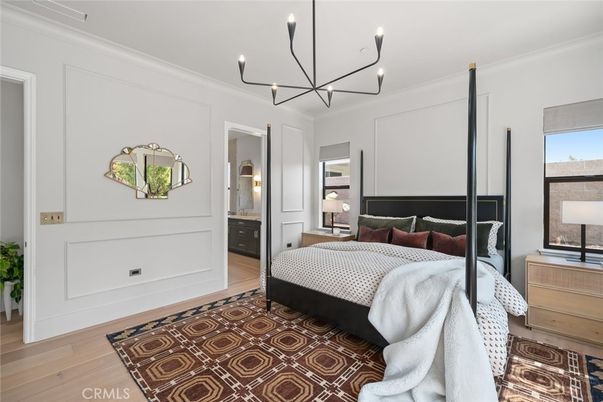 Bedroom, Chandelier, Interior, Pendant Lights, Wood Texture Flooring