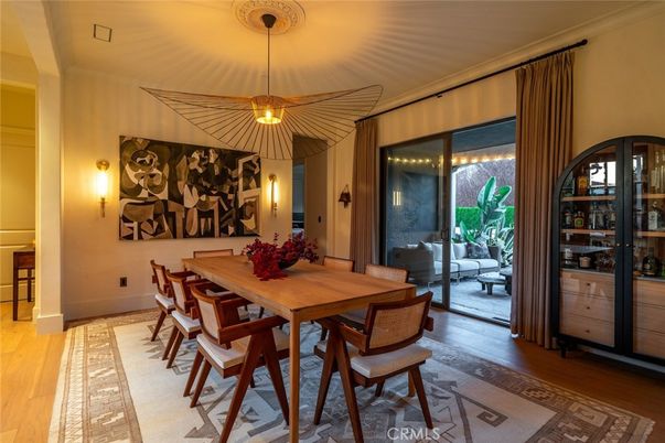 Dining room, Interior, Pendant Lights, Wood Texture Flooring