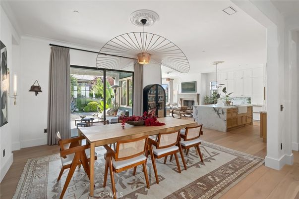 Dining room, Fireplace, Interior, Pendant Lights, Wood Texture Flooring
