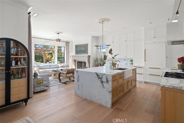 Fireplace, Interior, Kitchen, Living room, Pendant Lights, Recessed Lighting, Wood Texture Flooring