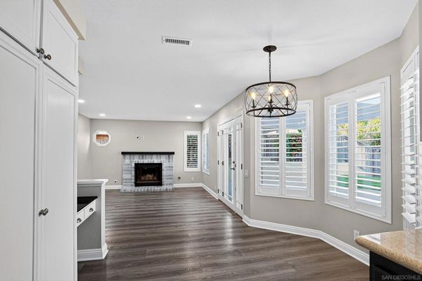 Fireplace, Interior, Pendant Lights, Recessed Lighting, Wood Texture Flooring
