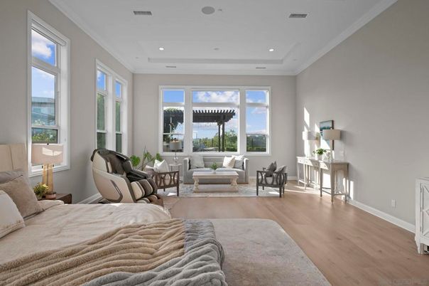Bedroom, Interior, Living room, Recessed Lighting, Water, Wood Texture Flooring