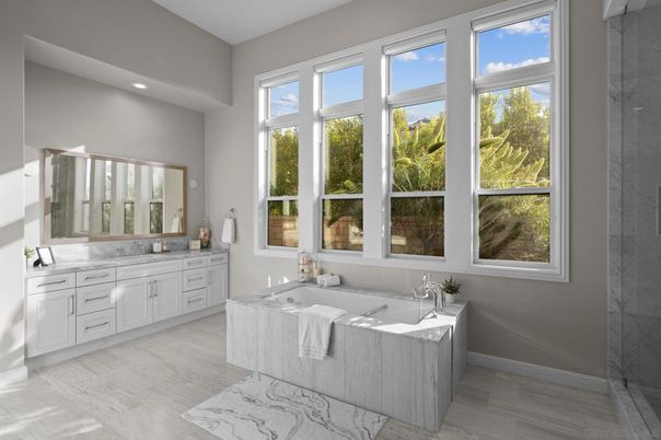 Bathroom, Dual Sink Vanities, Interior, Recessed Lighting, Wood Texture Flooring