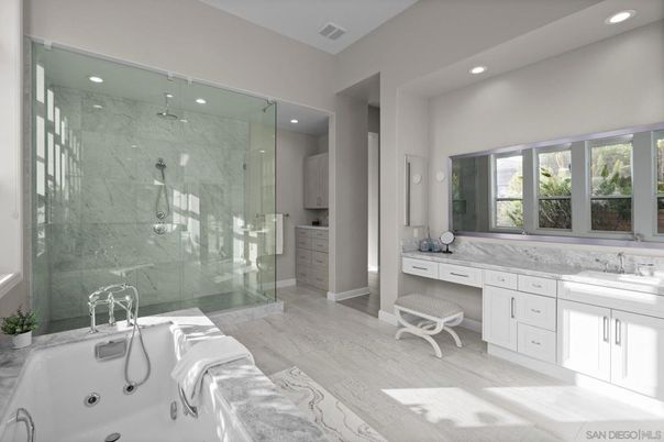 Bathroom, Dual Sink Vanities, Glass Shower, Interior, Marble Walls, Recessed Lighting, Wood Texture Flooring