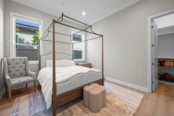 Bedroom, Interior, Recessed Lighting, Wood Texture Flooring
