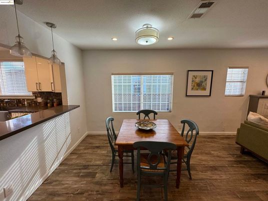 Dining room, Interior, Pendant Lights, Recessed Lighting, Wood Texture Flooring